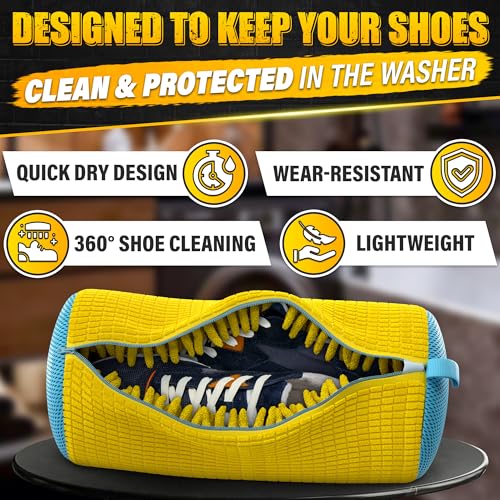 2 Pcs Reusable Shoe Washing Machine Bag, XXL with Zipper, Yellow | Shoe Bag for Washing Machine & Dryer; Fluffy Fibers Clean Every Side; Protects Shoes; Fits Sneakers US 6 to 12; Hanging Loop