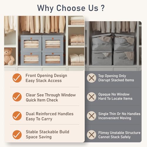 DIMJ Storage Bins with Lids - 6 Pack Front Opening Stackable Fabric Storage Boxes with Clear Window & Handles, Collapsible Closet Organizers for Clothes, Sweaters, Shelf Storage, Bedroom, Gray