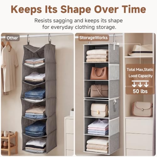 StorageWorks 6-Shelf Closet Organizers, Two 3-Shelf Separable Hanging Shelves for Close, 12 1⁄2" D x 12 1⁄2" W x 47 ¼" H, Canvas, Gray