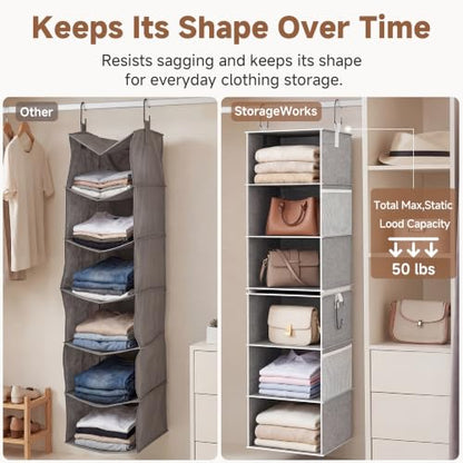 StorageWorks 6-Shelf Closet Organizers, Two 3-Shelf Separable Hanging Shelves for Close, 12 1⁄2" D x 12 1⁄2" W x 47 ¼" H, Canvas, Gray