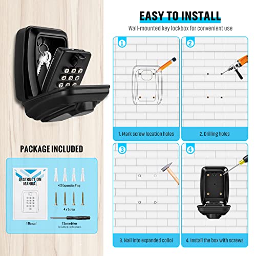 Key Lock Box for Outside, Sturdy Waterproof Wall Mount Lock Box for House Key, 12-Digit Combination Resettable Large Capacity Security Lockbox for Home, Garage, Office, Warehouse