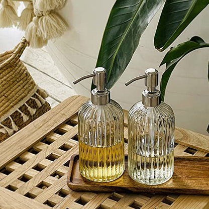 JASAI 2PACK 18 Oz Glass Soap Dispenser with Rust Proof Stainless Steel Pump | Refillable Hand Soap Dispenser with Vertical Stripe, Premium Bathroom soap Dispenser for Kitchen & Bathroom.