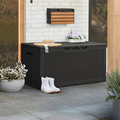 Greesum 100 Gallon Resin Patio Storage Box for Garden Tools, Black | Outdoor Furniture Cushions, Pool Supplies