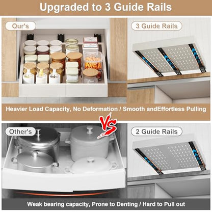 Pull out Cabinet Organizer,14"-21"W, 17"-24"D,Expandable,Adhesive | No Drill,3 Rails,Adjustable Slide out Drawers for Kitchen,Pantry,Roll out Shelves,for Cabinets Without Lip,Bathroom,White,1PC