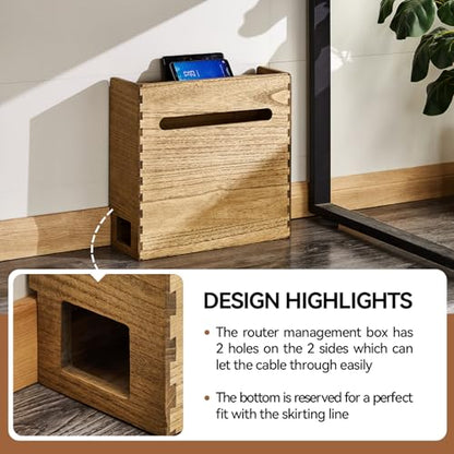 KIRIGEN Wooden WiFi Router Storage Box, 3-Tier Cable Organizer, Brown | Solid Wood 3-Tier Design Stores Routers, Modems, Power Strips, Adapters, and Cables for Desks, TV Stands, and Home Offices