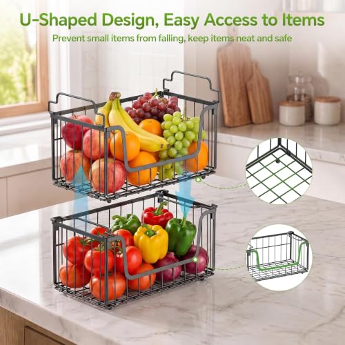 4 Pack Foldable Wire Basket for Pantry Organizers and Storage, Stackable Vegetable Fruit Basket for Kitchen Counter, Black Potato and Onion Storage Bin