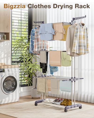 Bigzzia Clothes Drying Rack Folding with Wheels Drying Rack Clothing Clothes Horses Rack Stainless Steel Laundry Drying Rack with Two Side Wings 4 Tier Grey