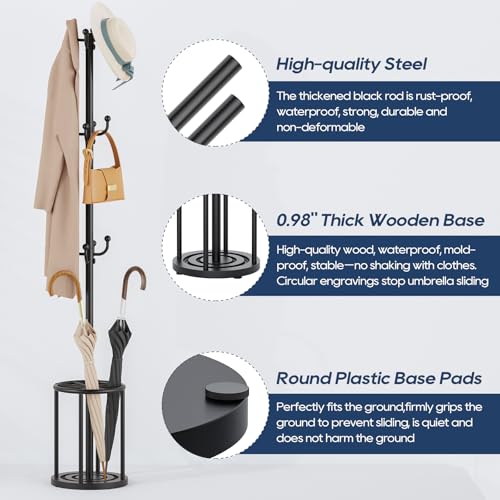 Coat Rack Freestanding, Black Coat Rack with Umbrella Holder, standing hat rack umbrella stand for entryway, coat hanger stand with 12 Hooks, office coat tree for Hat, Umbrella, jacket, Bag, Clothes