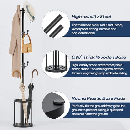 Coat Rack Freestanding, Black Coat Rack with Umbrella Holder, standing hat rack umbrella stand for entryway, coat hanger stand with 12 Hooks, office coat tree for Hat, Umbrella, jacket, Bag, Clothes