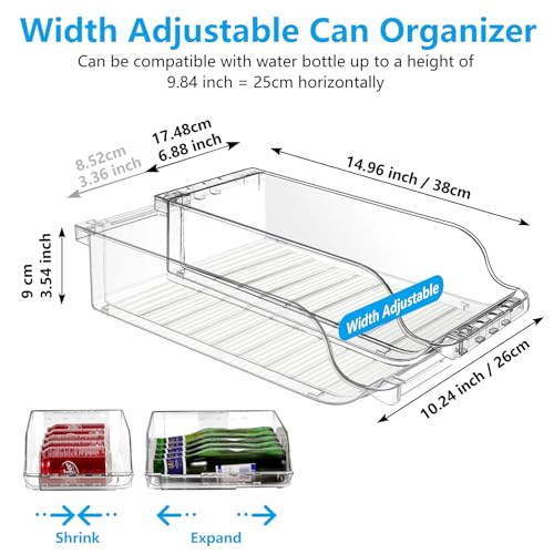 2 Packs Refrigerator Organizers and Storage Width Adjustable Can Organizer for Refrigerator Expandable Soda Can Dispenser for Beer Soda Pop Can Soda Organizer for Fridge Kitchen Pantry Clear