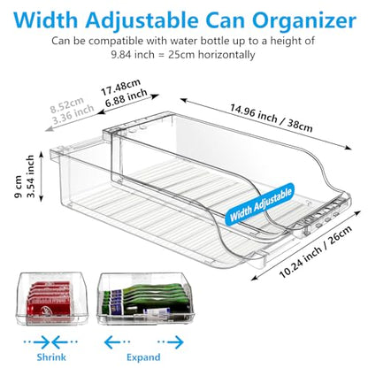 2 Packs Refrigerator Organizers and Storage Width Adjustable Can Organizer for Refrigerator Expandable Soda Can Dispenser for Beer Soda Pop Can Soda Organizer for Fridge Kitchen Pantry Clear