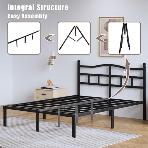 14 Inch Metal Bed Frame - Queen Size Heavy Duty Bedframe with Headboard Black Basic Steel Slats Platform No Box Spring Needed/Easy Assembly/Noise Free