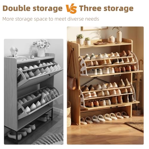 Shoe Storage Cabinet for Entryway, 2 Flip Drawers with 3-Tier Rack Each, 6-Layer Total Storage, Narrow Shoe Cabinet with Linen Panel, Slim Wood Shoe Organizer Closed Shoe Rack for Hallway,Small Spaces