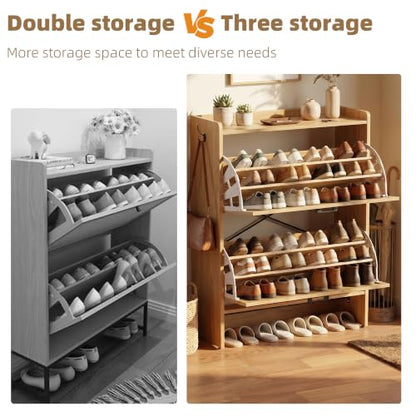 Shoe Storage Cabinet for Entryway, 2 Flip Drawers with 3-Tier Rack Each, 6-Layer Total Storage, Narrow Shoe Cabinet with Linen Panel, Slim Wood Shoe Organizer Closed Shoe Rack for Hallway,Small Spaces