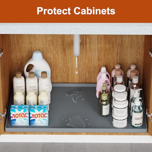 ukeetap 19" x 25" Extra Thick Silicone Mat Waterproof with Raised Edge, Under Sink Mat for Kitchen & Bathroom, Kitchen Cabinet Liner, Multi-Purpose for Storage & Protection, Gray