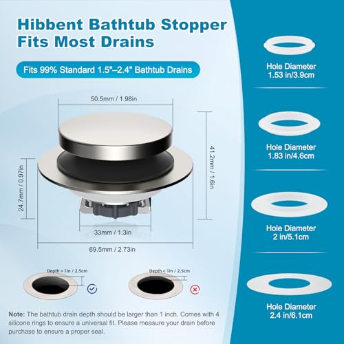 Hibbent 3 in 1 Metal Bathtub Drain Stopper, Universal Pop Up Tub Stopper, Bathtub Drain Hair Catcher, Removable Filter Basket, Drain Plug for 1.5''~2.4'' Drain, Brass Bullet Core, Brushed Nickel