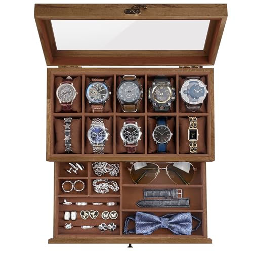 Watch Box with 10 Slots, 2-Tier Watch Case for Large Dial Watches, Watch Display Case with Lid, Removable Watch Pillows, Gifts for Men Women, Watch Organizer with Drawer, Jewelry Box, Walnut