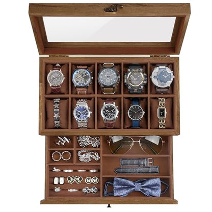 Watch Box with 10 Slots, 2-Tier Watch Case for Large Dial Watches, Watch Display Case with Lid, Removable Watch Pillows, Gifts for Men Women, Watch Organizer with Drawer, Jewelry Box, Walnut