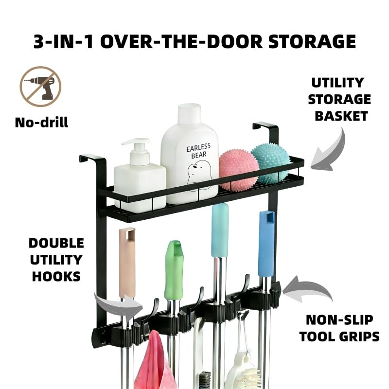 Over the Door Heavy Duty Metal Broom & Mop Holder, No-Drill Cleaning Supply Organizer with 4 Grips, 3 Hooks & 1 Storage Basket for Laundry Room & Garage