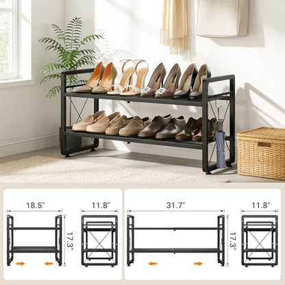 ELYKEN Expandable Shoe Rack for Closet, 2-Tier Metal Black Shoe Organizer | Adjustable Height Shoe Shelf for Boots, Heels, with 4 Hooks, Stackable Shoe Stand Holder for Entryway, Garage, Door Entrance