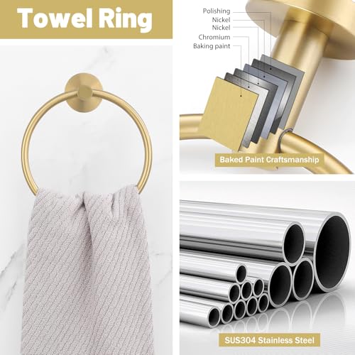Brushed Gold Towel Bar Set 10 Pieces Bathroom Hardware Accessories Set Towel Rack Set for Bathroom SUS304 Stainless Steel Toilet Paper Holder Wall Mounted, 23.6 Inch