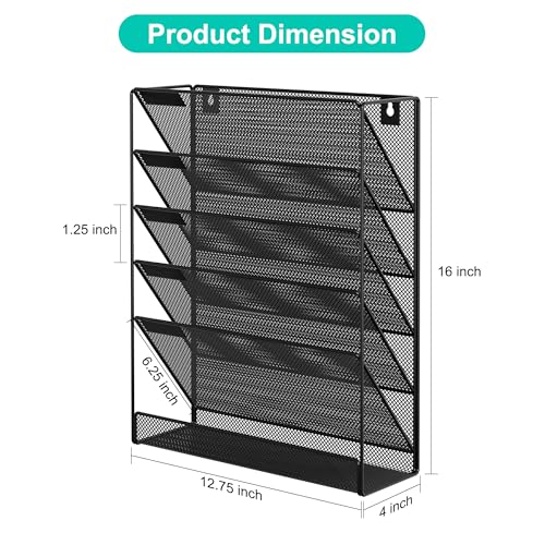 EasyPAG 5 Tier Wall File Holder, Mesh Hanging Folder Organizer with Classify Label, Versatile Desk File Holder, Vertical Wall Mounted Mail Organizer for Office Home Cubicle, Black