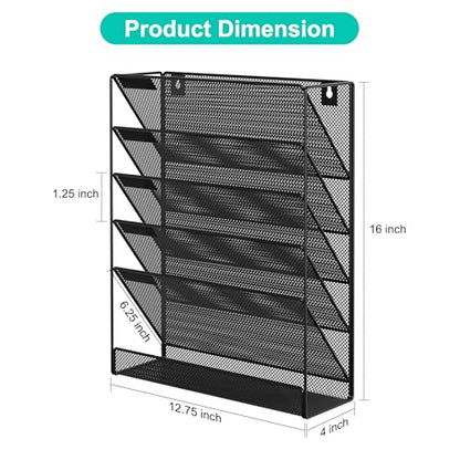 EasyPAG 5 Tier Wall File Holder, Mesh Hanging Folder Organizer with Classify Label, Versatile Desk File Holder, Vertical Wall Mounted Mail Organizer for Office Home Cubicle, Black