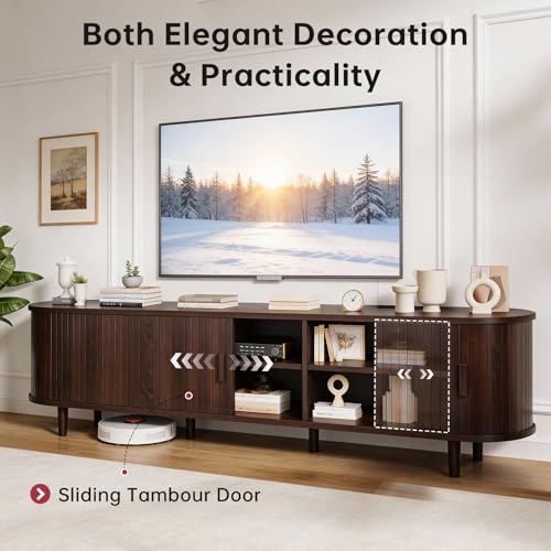 70" Mid Century Modern TV Stand, Wood TV Consoles with Sliding Doors and Power Outlet, Entertainment Center with Adjustable Shelves, Fluted TV Stands for Living Room, Walnut
