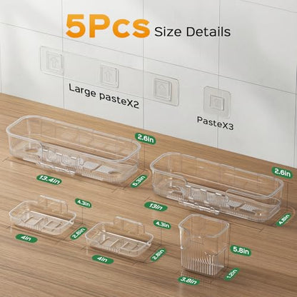 HAMITOR Adhesive Shower Caddy for Bathroom：5 Pack Clear Bath Shelves No Drilling for Modern Renters & Home Decor - Rustproof Acrylic Shower Organizer for Bathroom Storage
