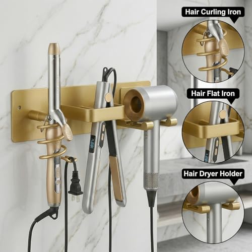 Hair Dryer Holder Hair Tool Organizer Metal Wall Mount (Gold) | Heat Resistant Hair Tool Organizer, Metal Wall Mount Storage, Bathroom Counter Space Saver, Blow Dryer Holder