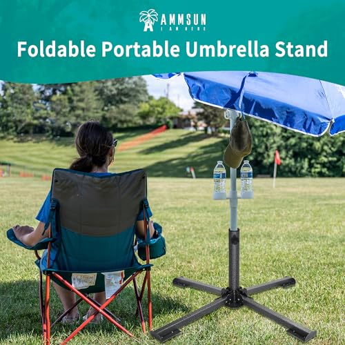 AMMSUN Foldable Portable Beach Umbrella Stand, Patio Umbrella Base Holder | Outdoor Sunshade Anchor, with Weight Bag, Rust-Free Tempered Iron Umbrella Stand for Courtyard, Garden, Beach, Lawn, Fishing