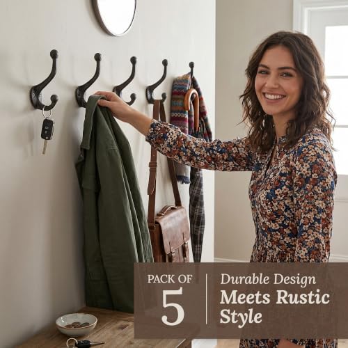 Rustic Cast Iron Coat Hooks (5 Pack) Wall Mounted Farmhouse Decorative Wall Hooks, Vintage Hooks for Hanging Coats, Bags, Hats, Towels (Antique Black, Includes Hardware)