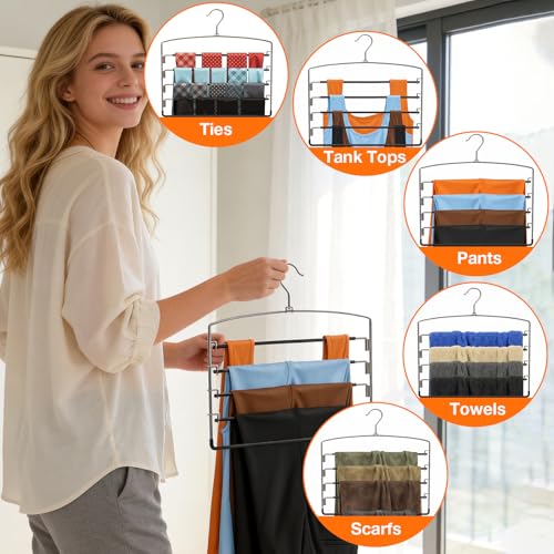 Korpai 3-Pack Pants Hangers Space-Saving Multi-Layer,150° Rotate Metal Swing Arm Non Slip Rubber Coating,Closet Organizers and Storage 360 Swivel Top Hook for Jeans,Trouser,Slacks,Skirt,Scarfs,Towels