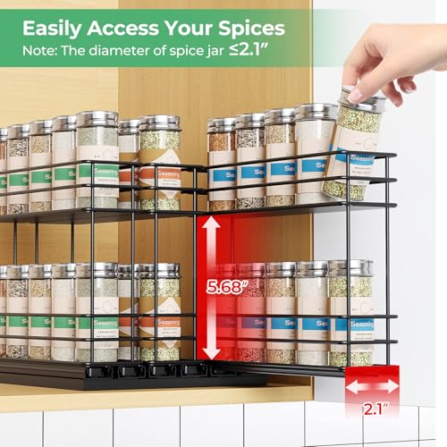 Mystozer Pull Out Spice Rack Organizer for Cabinet, Slide Out Spice Racks, Easy to Install Spice Cabinet Organizers, 7.4" Wx10.43 Dx8.26 H, 3 Drawers 2 Tiers(Black)