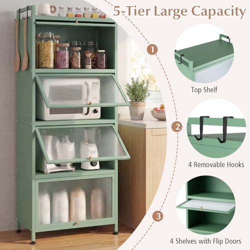 GIANTEX 5-Tier Kitchen Storage Cabinet, 4 PC Doors, Rolling Wheels, Green | Mobile Metal Pantry Cabinet with 4 Hooks & Adjustable Feet, 60" Baker's Rack Microwave Stand for Dining & Living Room