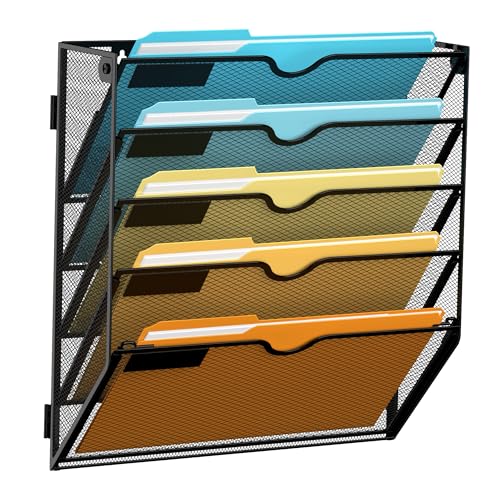 5 Tier Wall File Organizer, Hanging Wall Mounted Mail Organizer with Label Slots, Metal Mesh File Holder Magazine Rack for Office, Home, School or Classroom, Black