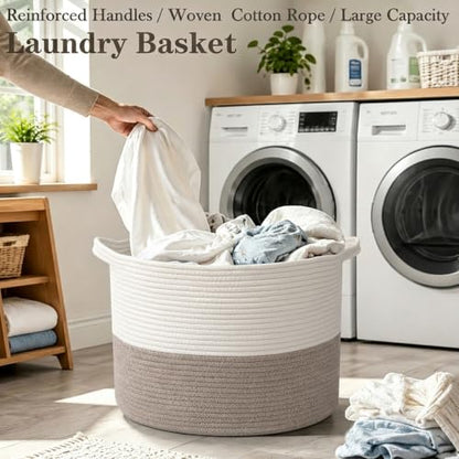 Large Woven Blanket Basket,65L Cotton Rope Laundry Basket | Collapsible Nursery Storage Bin with Sturdy Handles for Clothes, Toys, Pillows, Living Room Bedroom Bathroom - White & Brown