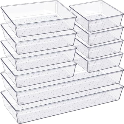 Drawer Organizer, 10 Pack Large Clear Plastic Set, 3 Size Versatile Bathroom and Vanity Organizer Trays, Storage Bins for Makeup, Bedroom, Kitchen Utensils
