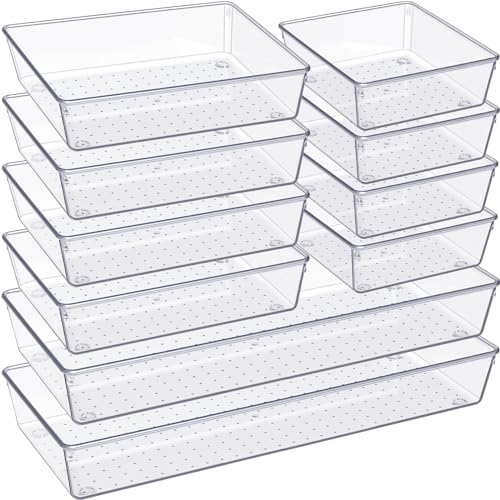 Drawer Organizer, 10 Pack Large Clear Plastic Set, 3 Size Versatile Bathroom and Vanity Organizer Trays, Storage Bins for Makeup, Bedroom, Kitchen Utensils