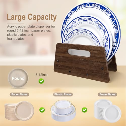 Wooden Disposable Plate Dispenser, Acacia Plate Holder for 5-12 Inches Paper Plastic Foam Plate Storage Organizer Rack Holder for Cabinet, Countertop, Rv or Outdoor Use (Black Acacia, 1PC)