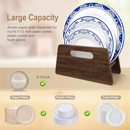 Wooden Disposable Plate Dispenser, Acacia Plate Holder for 5-12 Inches Paper Plastic Foam Plate Storage Organizer Rack Holder for Cabinet, Countertop, Rv or Outdoor Use (Black Acacia, 1PC)