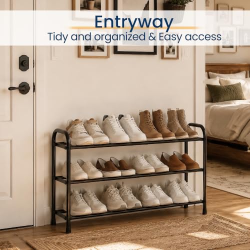 ENJOYBASICS 3 Tier Expandable Shoe Rack, Metal Small Shoes Shelf, Black | Free Standing Shoe Holder for 12 Pairs, Sturdy Shoe Organizer for Closet, Entryway, Under Bed ,Front Door, Bedroom
