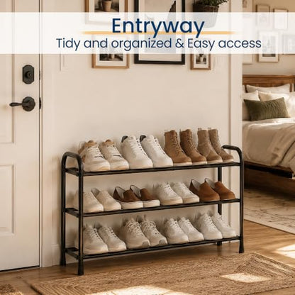 ENJOYBASICS 3 Tier Expandable Shoe Rack, Metal Small Shoes Shelf, Black | Free Standing Shoe Holder for 12 Pairs, Sturdy Shoe Organizer for Closet, Entryway, Under Bed ,Front Door, Bedroom