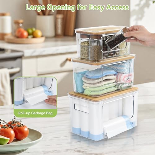 3 Pack Trash Bag Holder Dispenser with Lid Plastic... (3 Count | Clear + Yellow | Bamboo, Plastic)