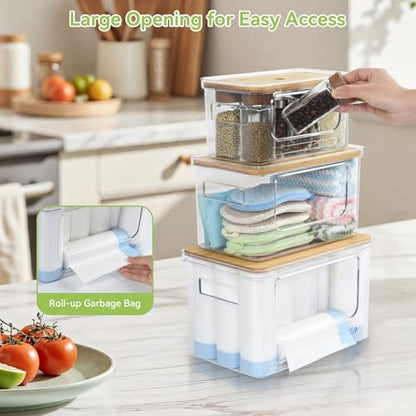 3 Pack Trash Bag Holder Dispenser with Lid Plastic... (3 Count | Clear + Yellow | Bamboo, Plastic)