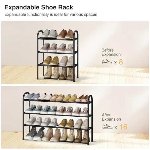 STO STO Expandable Shoe Rack, 3-Tier Metal Small Shoe Rack for Closet, Up to 16 Pairs Adjustable Shoes Racks Storage for Front Door Entrance, Free Standing Shoes Rack Organizer for Entryway, Black