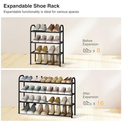 STO STO Expandable Shoe Rack, 3-Tier Metal Small Shoe Rack for Closet, Up to 16 Pairs Adjustable Shoes Racks Storage for Front Door Entrance, Free Standing Shoes Rack Organizer for Entryway, Black