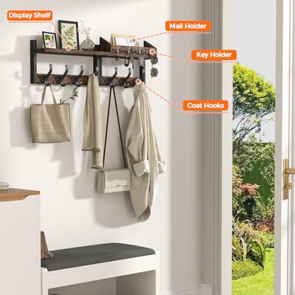 Evermagin 29" Coat Rack Wall Mount with Shelf for Entryway, Rustic Brown | Wall Mounted Coat and Key Rack with Hooks, Key Holder with Mail Organizer for Wall, Living Room, Mudroom, Bedroom