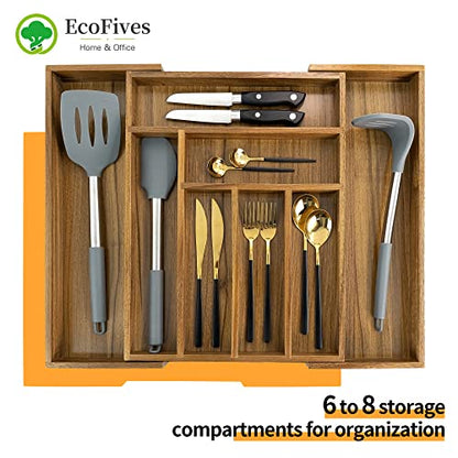 Luxury Acacia Kitchen Drawer Organizer - Silverware Organizer - Utensil Holder and Cutlery Tray with Grooved Drawer Dividers for Flatware and Kitchen Utensils (8 Slot), 17*12.4*2 inch