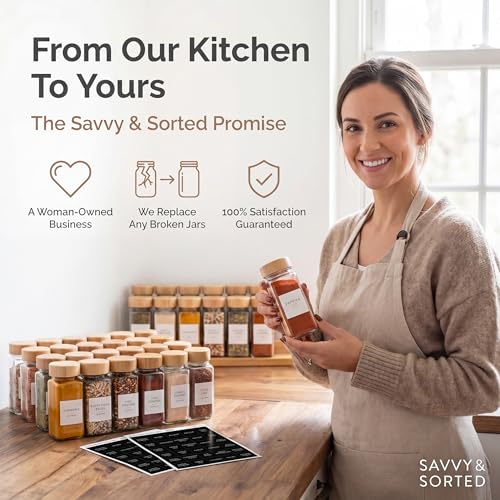 SAVVY & SORTED Glass Spice Jars with Label, 24PK Bamboo Jar Spices Set 4oz, 374 Spice Labels, Pepper Grinder, Empty Herb Seasoning Containers, Funnel and Shaker Lids